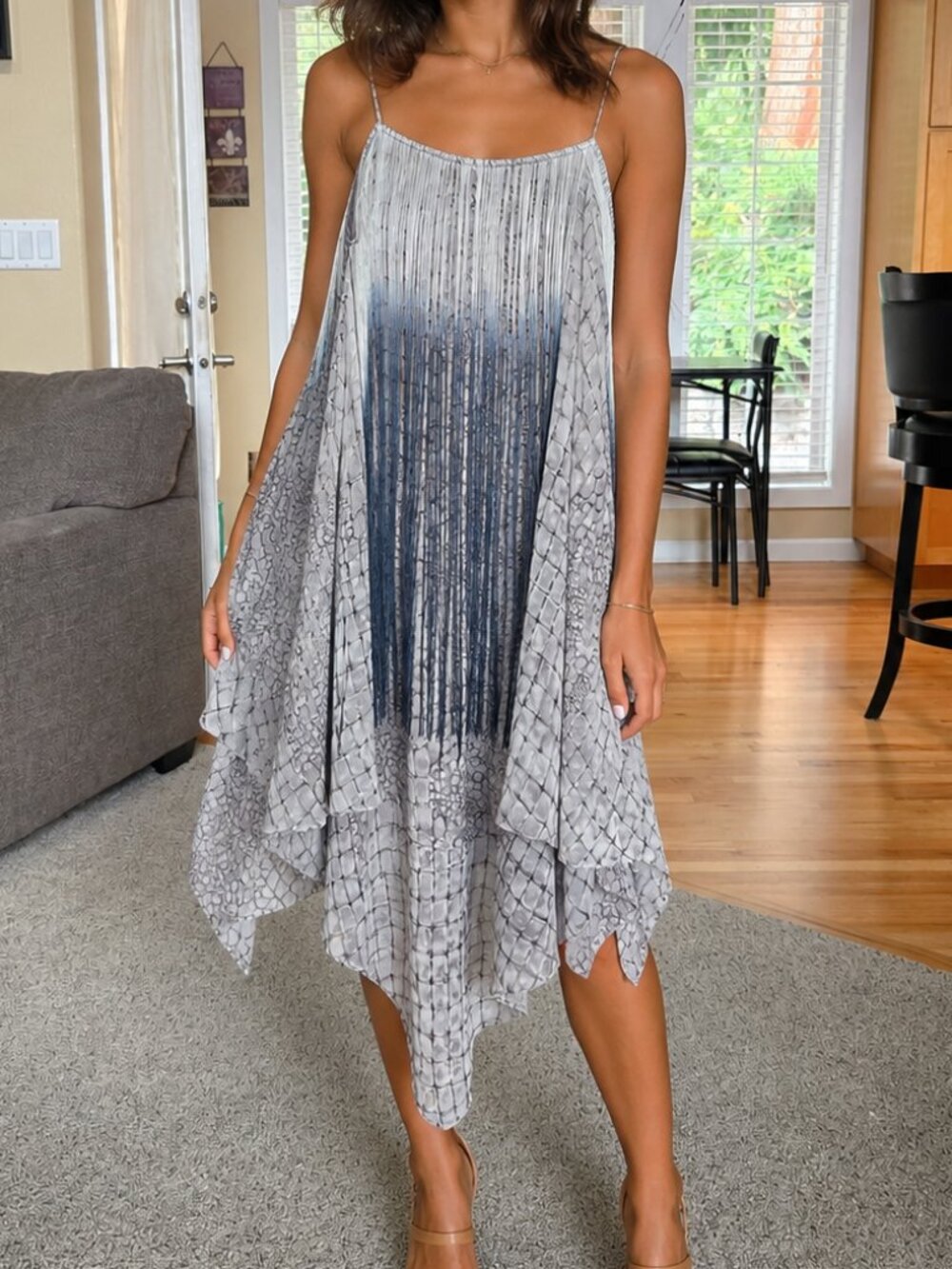 NWT Sheri Bodell sz medium silk gray/black fringed handkerchief sleeveless dress